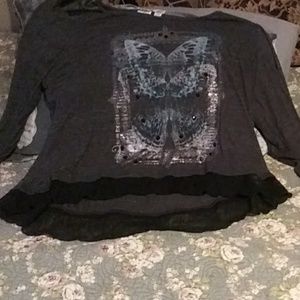 Grayish black quarter sleeve butterfly shirt.